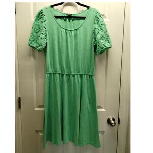 Talbots Size Large Green Slub Knit Eyelet Detail Fit & Flare Knee-Length Dress
